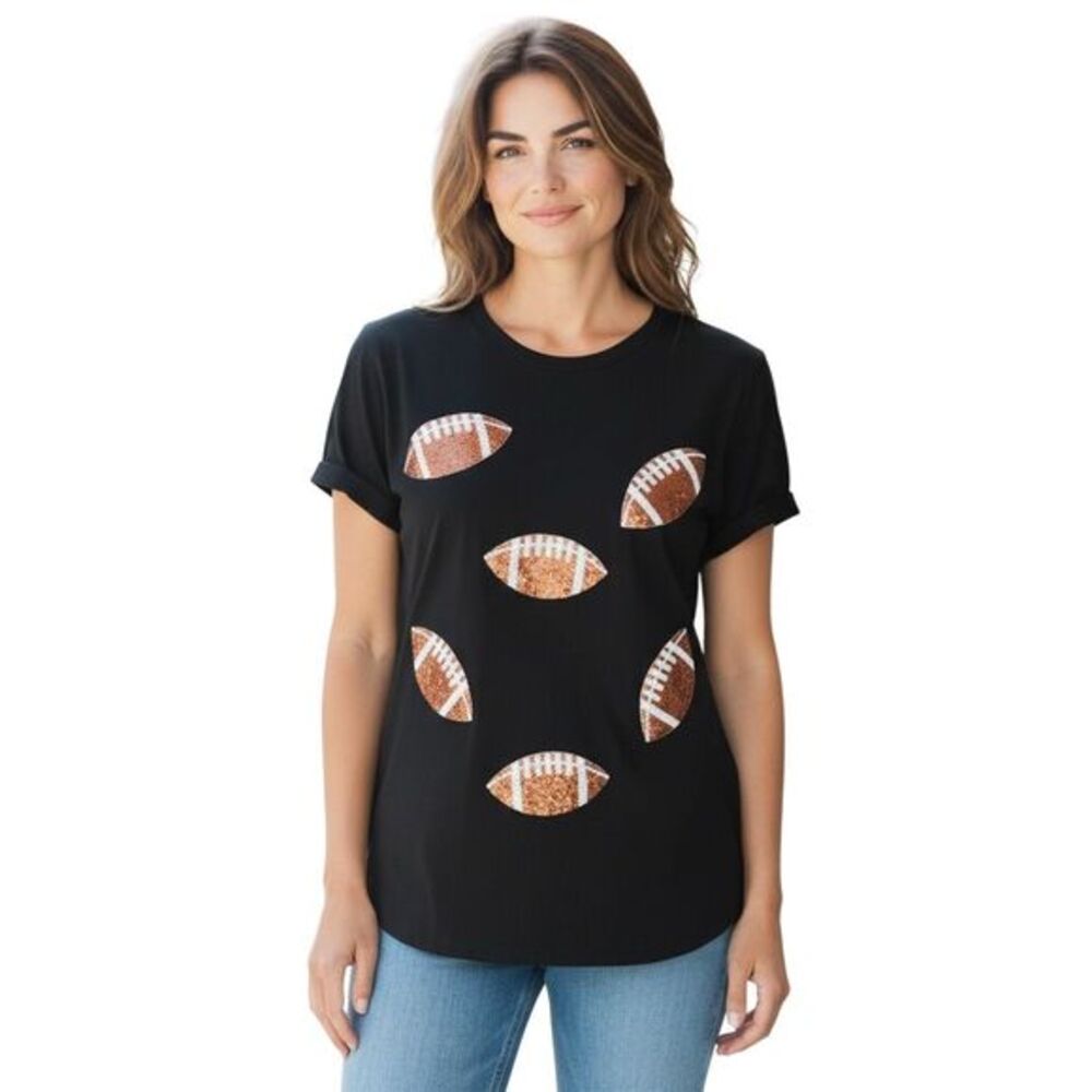 Black Football Sequin Graphic Tee Women's Size L Game Day Shirt